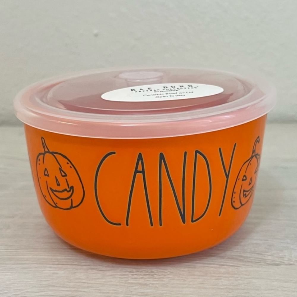 Rae Dunn Orange Halloween CANDY Bowl with Vented Lid
